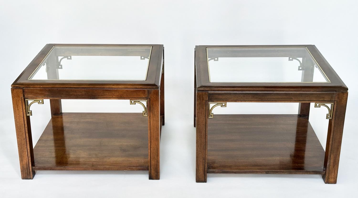 LAMP TABLES, a pair, Georgian style mahogany and gilt metal mounted, each square glazed with - Image 8 of 18