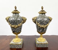 CASSOULETTES, a pair, French Empire grey, having variagated marble ormolu satyr mask mounts and