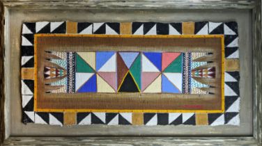 AFRICAN SCHOOL, large rug design painting on hessian, signed Mukombo, in a painted frame, 183cm W