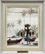 MAXIMO PUGLISI, 'Figure on a beach with boats, Caribbean', oil on canvas, 29cm x 23cm, signed,