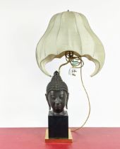 MANNER OF JAMES MONT BUDDHA TABLE LAMP, with silk shade, vintage 20th century, 75cm H.