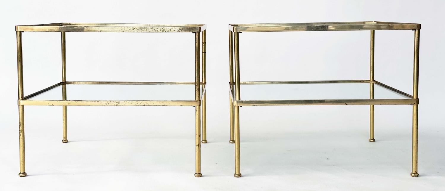 LAMP TABLES, a pair, 1970s, gilt metal, square with two glazed tiers and capped tubular supports, - Image 4 of 20