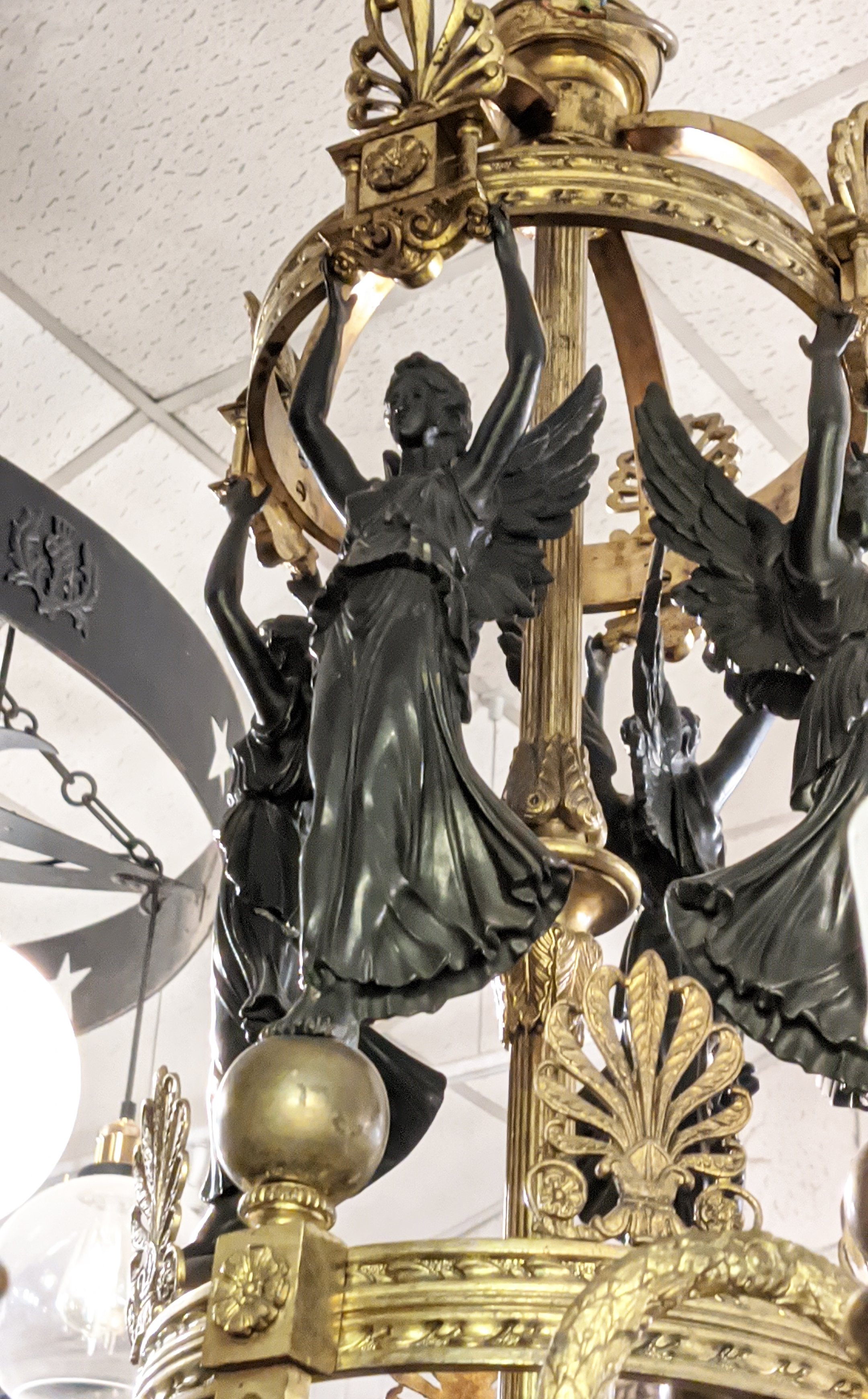 CHANDELIER, 110cm H x 75cm W, French Empire style patinated and gilt metal with angel and wreath - Image 17 of 17