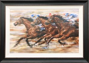 GARY BENFIELD, 'Racing', giclée on board, 67cm x 100cm, framed.