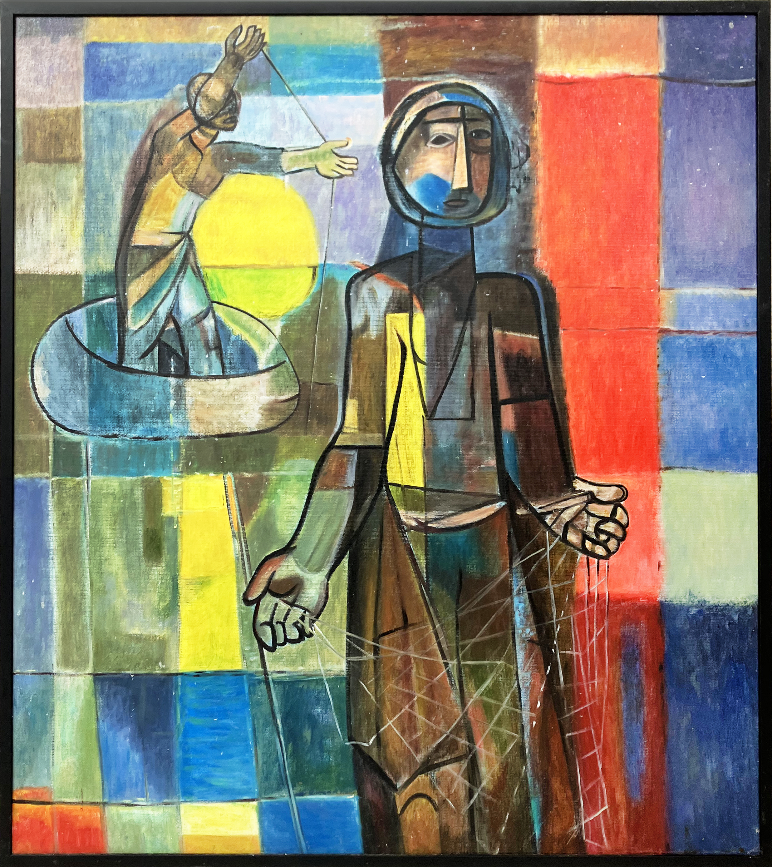 MANNER OF FAEQ HASSAN (Iraq, 1914-1992), 'Fishermen', oil on canvas, 86cm x 78cm, framed.