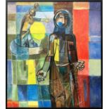 MANNER OF FAEQ HASSAN (Iraq, 1914-1992), 'Fishermen', oil on canvas, 86cm x 78cm, framed.
