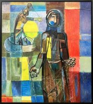 MANNER OF FAEQ HASSAN (Iraq, 1914-1992), 'Fishermen', oil on canvas, 86cm x 78cm, framed.