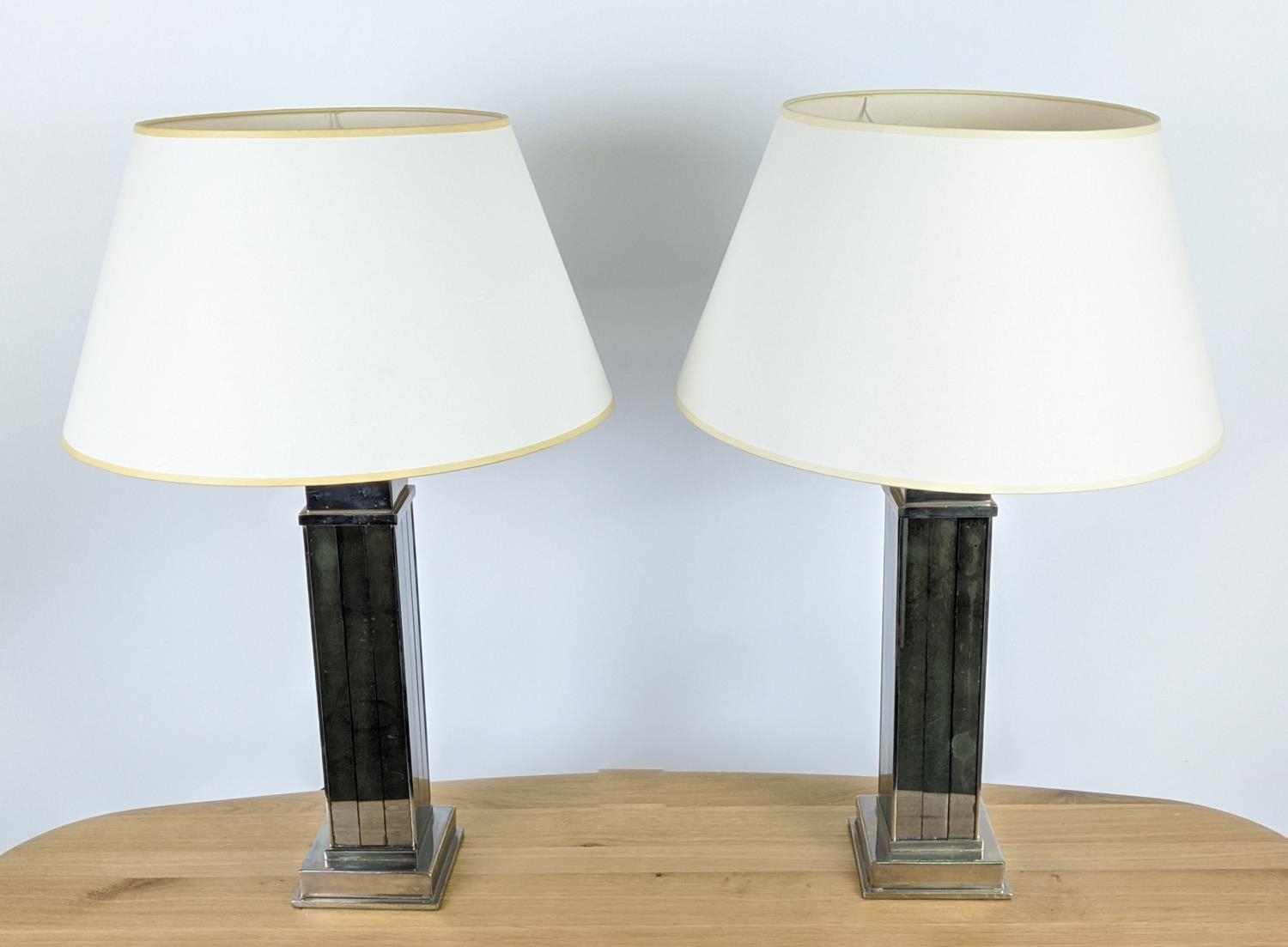 VAUGHAN TABLE LAMPS, a pair, antiqued mirrors with shades. (2) - Image 3 of 20