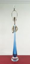 STUDIO A HOME TABLE LAMP, slender blue glass design with shade carrier, 100cm H.