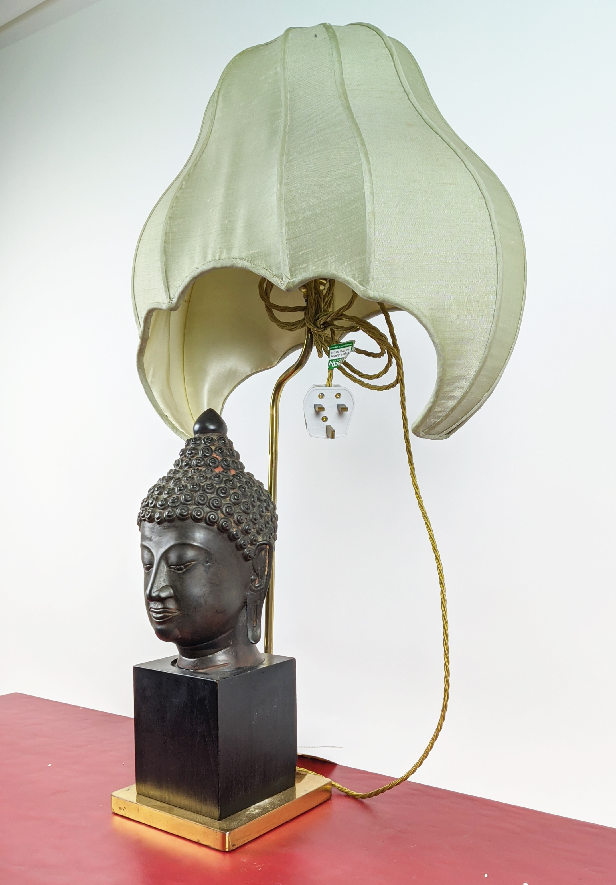 MANNER OF JAMES MONT BUDDHA TABLE LAMP, with silk shade, vintage 20th century, 75cm H. - Image 5 of 17