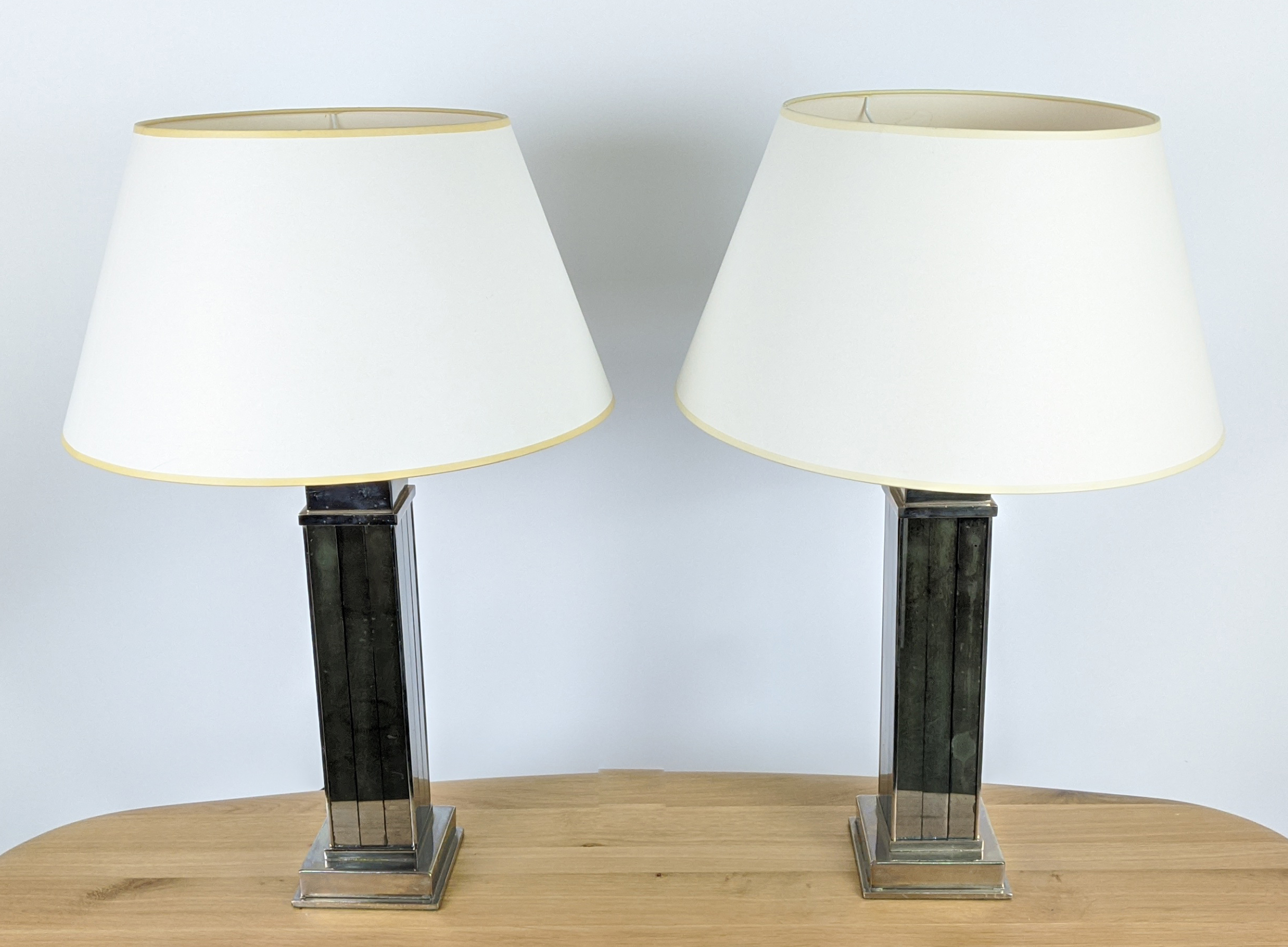 VAUGHAN TABLE LAMPS, a pair, antiqued mirrors with shades. (2) - Image 5 of 20