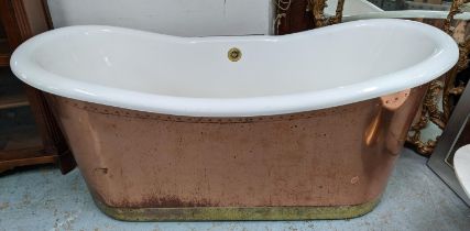 BATH, copper and brass clad, with floor mounted fittings, 175cm x 80cm x 80cm H.