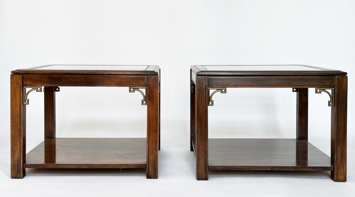 LAMP TABLES, a pair, Georgian style mahogany and gilt metal mounted, each square glazed with - Image 9 of 18