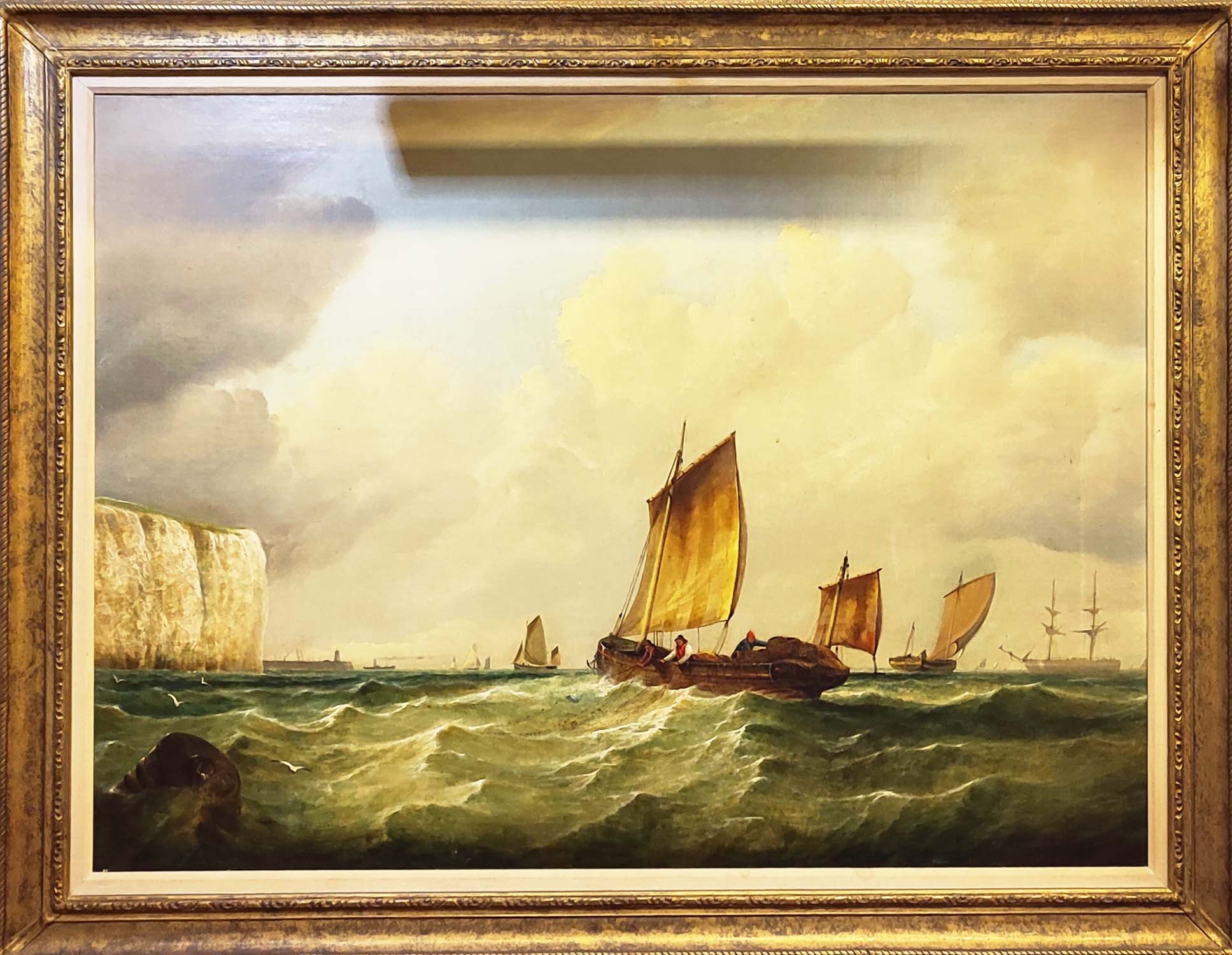 19TH CENTURY BRITISH SCHOOL, 'Trawlermen off Dover', oil on canvas, 74cm x 100cm, gilt framed. - Bild 2 aus 8