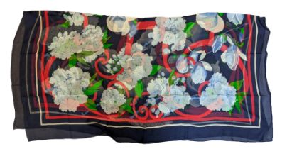 HERMÈS SCARF, 'Fleurs & balcon' by Ch.V., silk chiffon, 138cm x 133cm.