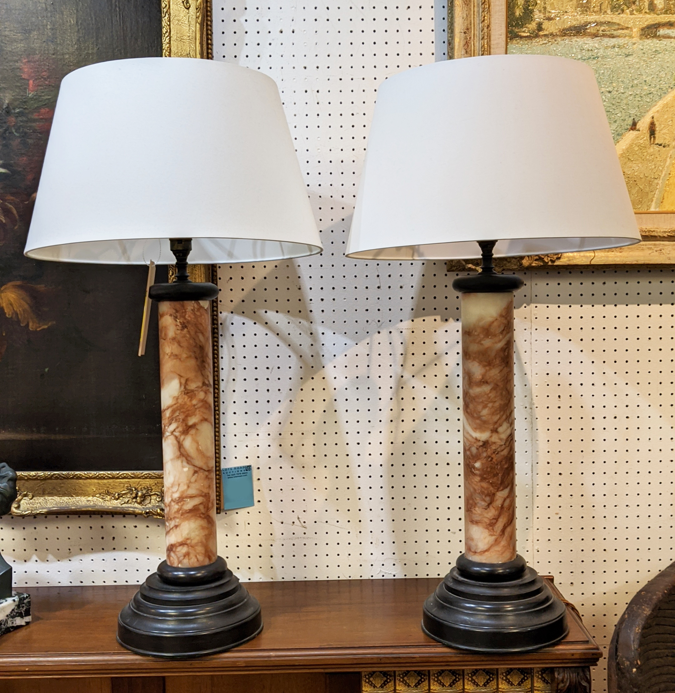 COLUMN LAMPS, a pair, circa 1920s, grand tour style alabaster column form with stepped bronze