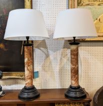 COLUMN LAMPS, a pair, circa 1920s, grand tour style alabaster column form with stepped bronze