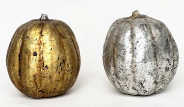 SCULPTURAL PUMPKINS, a set of two, one gilded, one silvered, 31cm H. (2)