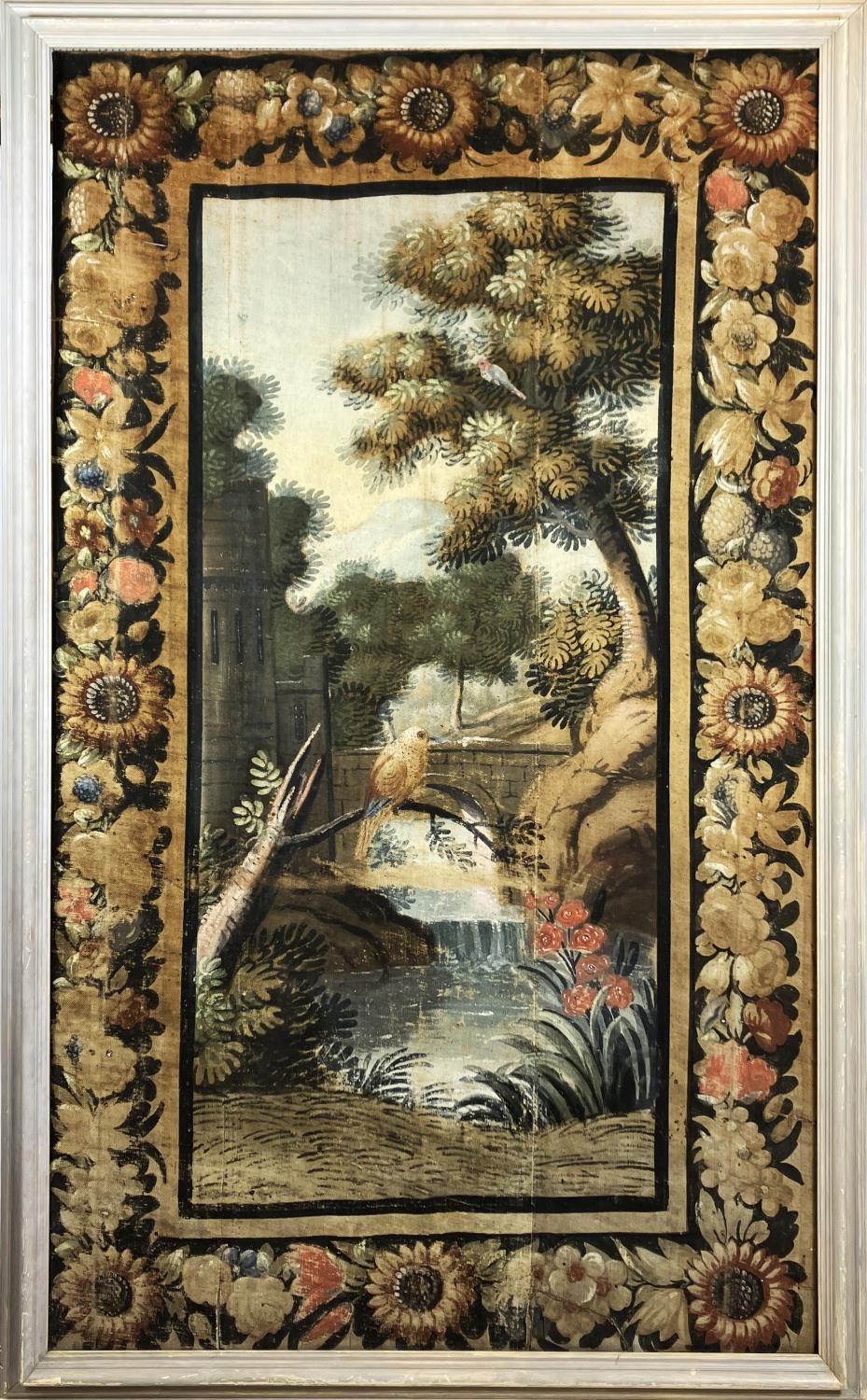 18TH CENTURY FRENCH MANNER, 'Landscape with bird in floral border', oil on canvas, 197cm x 117cm, - Bild 2 aus 2