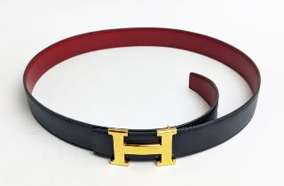 HERMÈS CONSTANCE BUCKLE AND BELT, reversible leather strap 32mm, gold tone hardware, two tone