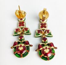 A PAIR OF YELLOW METAL AND ENAMEL DIAMOND SET PENDANT EARRINGS, flower head design, butterfly clips,