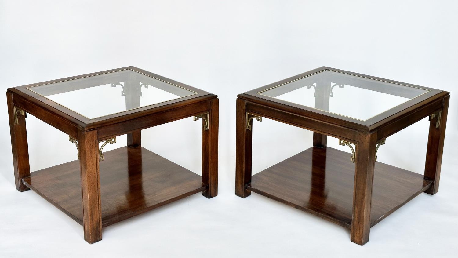 LAMP TABLES, a pair, Georgian style mahogany and gilt metal mounted, each square glazed with