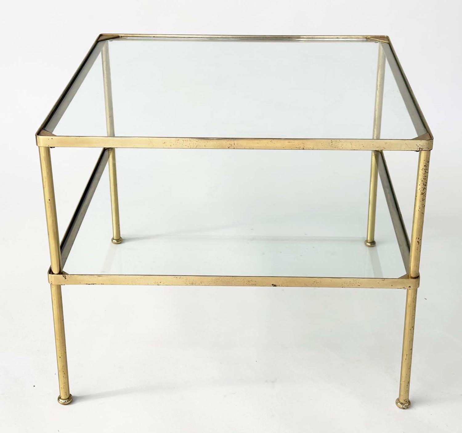 LAMP TABLES, a pair, 1970s, gilt metal, square with two glazed tiers and capped tubular supports, - Image 9 of 20