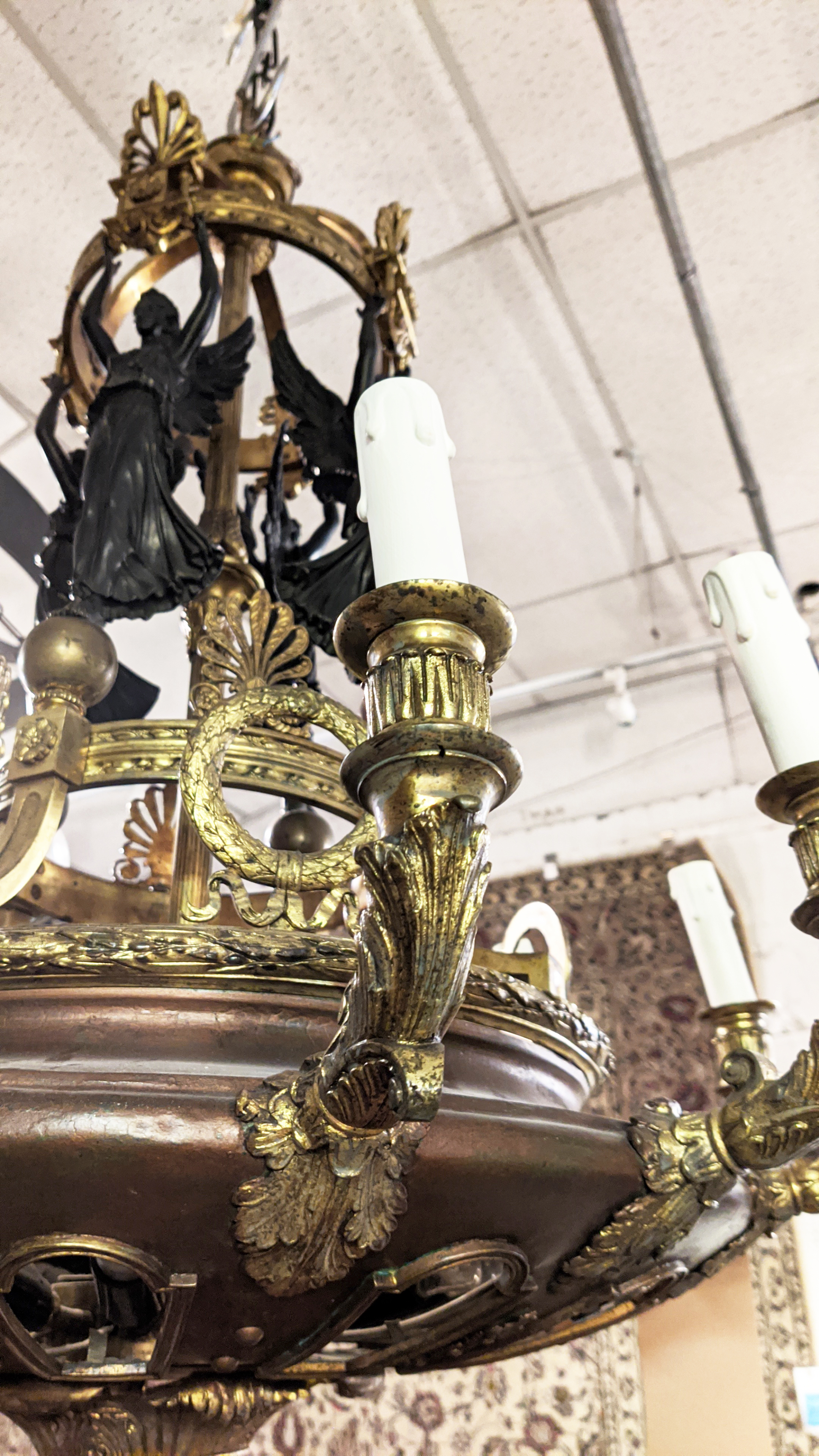 CHANDELIER, 110cm H x 75cm W, French Empire style patinated and gilt metal with angel and wreath - Image 11 of 17