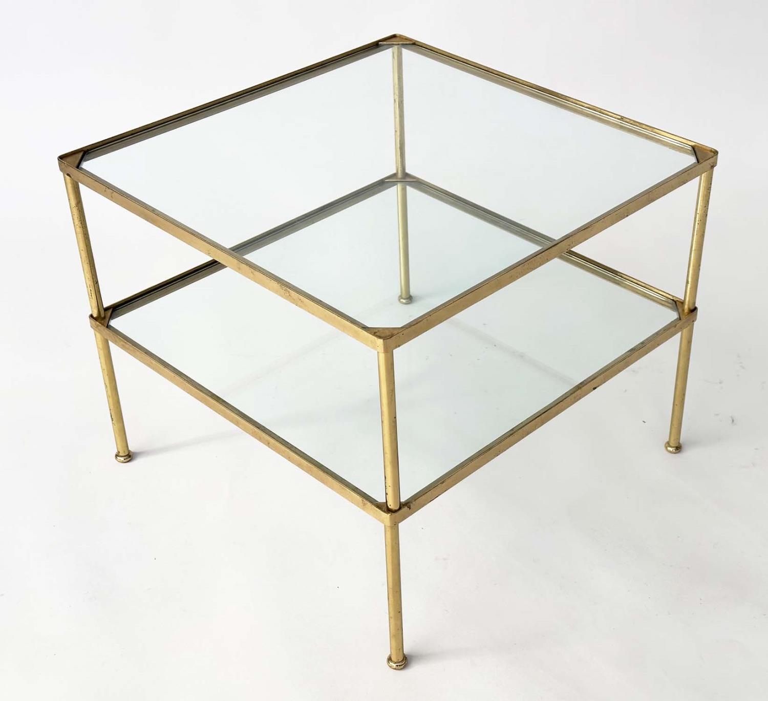 LAMP TABLES, a pair, 1970s, gilt metal, square with two glazed tiers and capped tubular supports, - Image 18 of 20