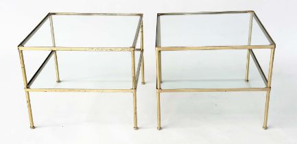 LAMP TABLES, a pair, 1970s, gilt metal, square with two glazed tiers and capped tubular supports,