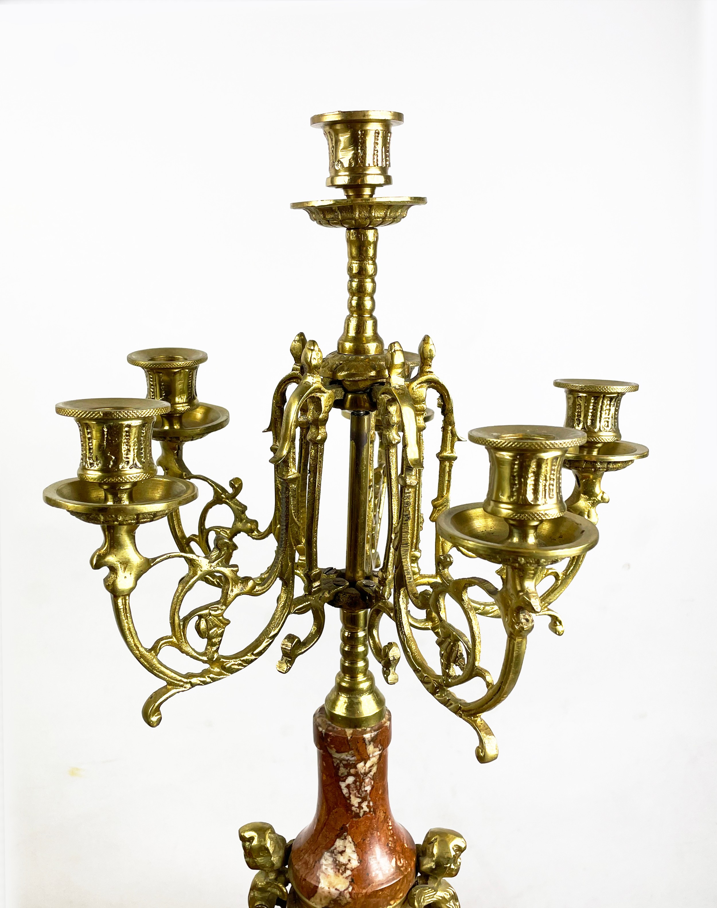 CANDELABRA, a pair, Italian 'brevettato', brass and marble with figural cherubs. (2) - Image 4 of 6