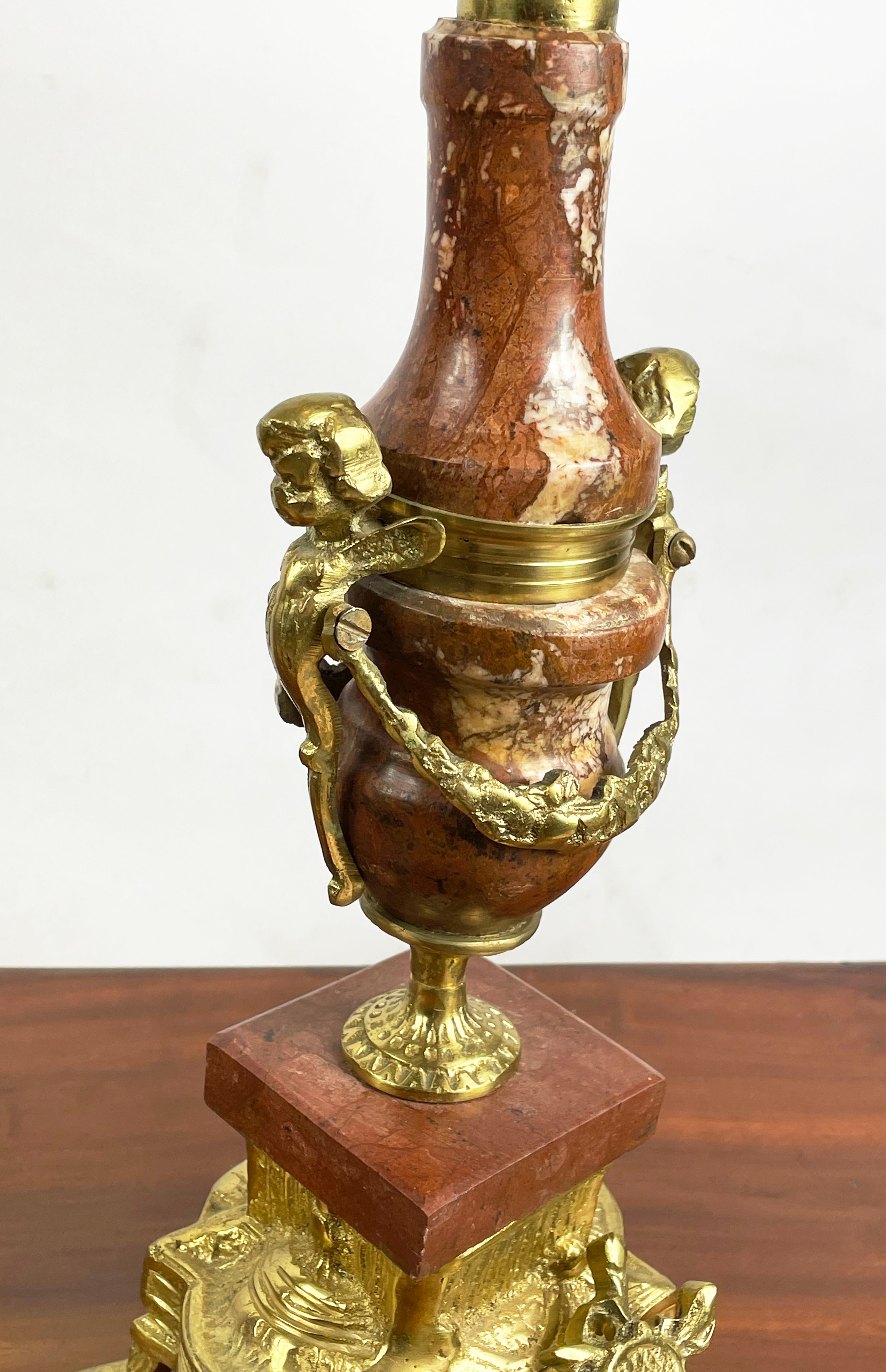 CANDELABRA, a pair, Italian 'brevettato', brass and marble with figural cherubs. (2) - Image 5 of 6