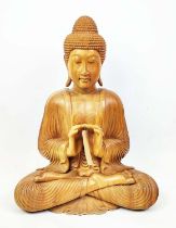 SEATED BUDDHA, in lotus position carved wood sculpture, 78cm H x 37cm.