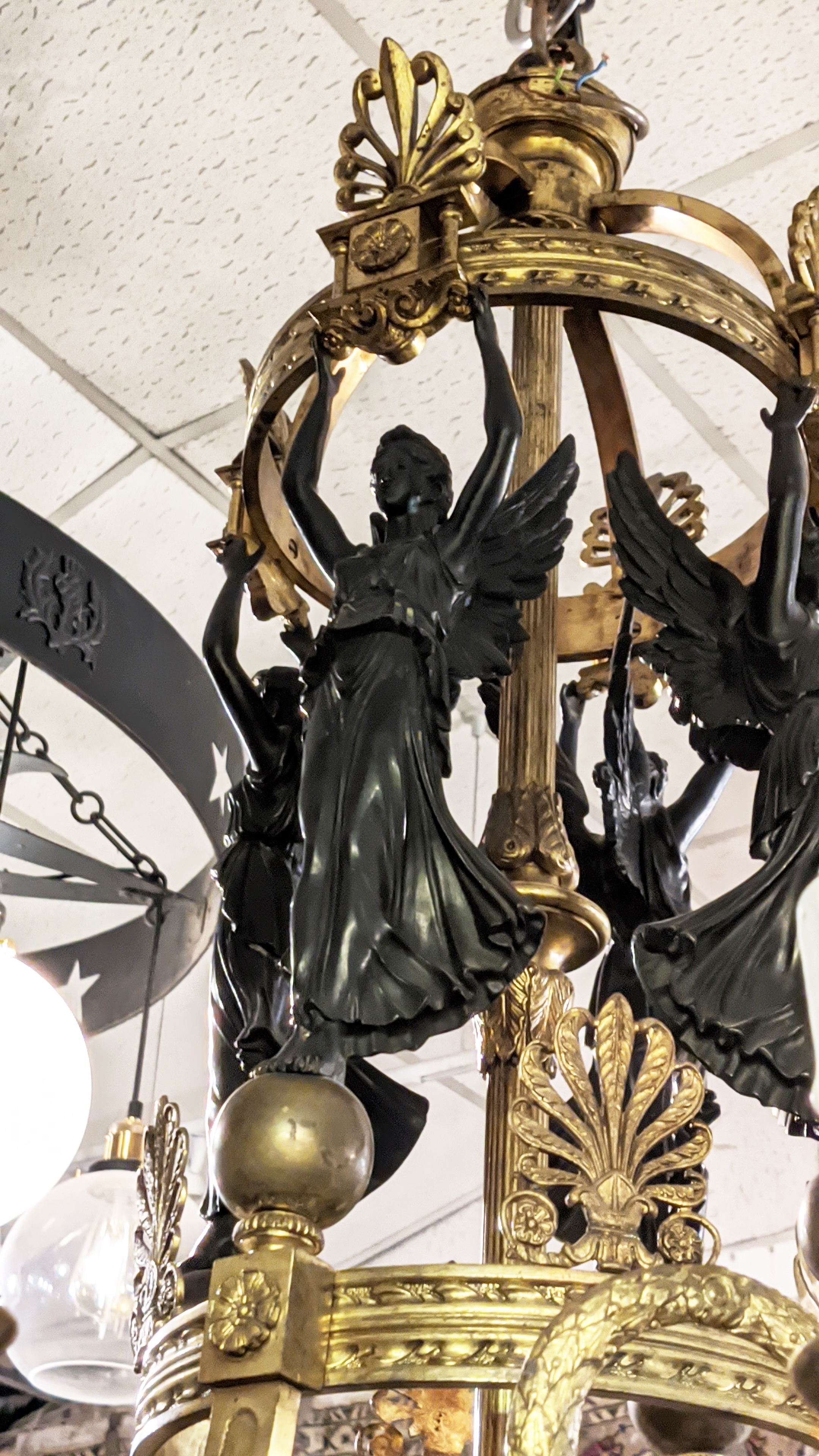 CHANDELIER, 110cm H x 75cm W, French Empire style patinated and gilt metal with angel and wreath - Image 14 of 17