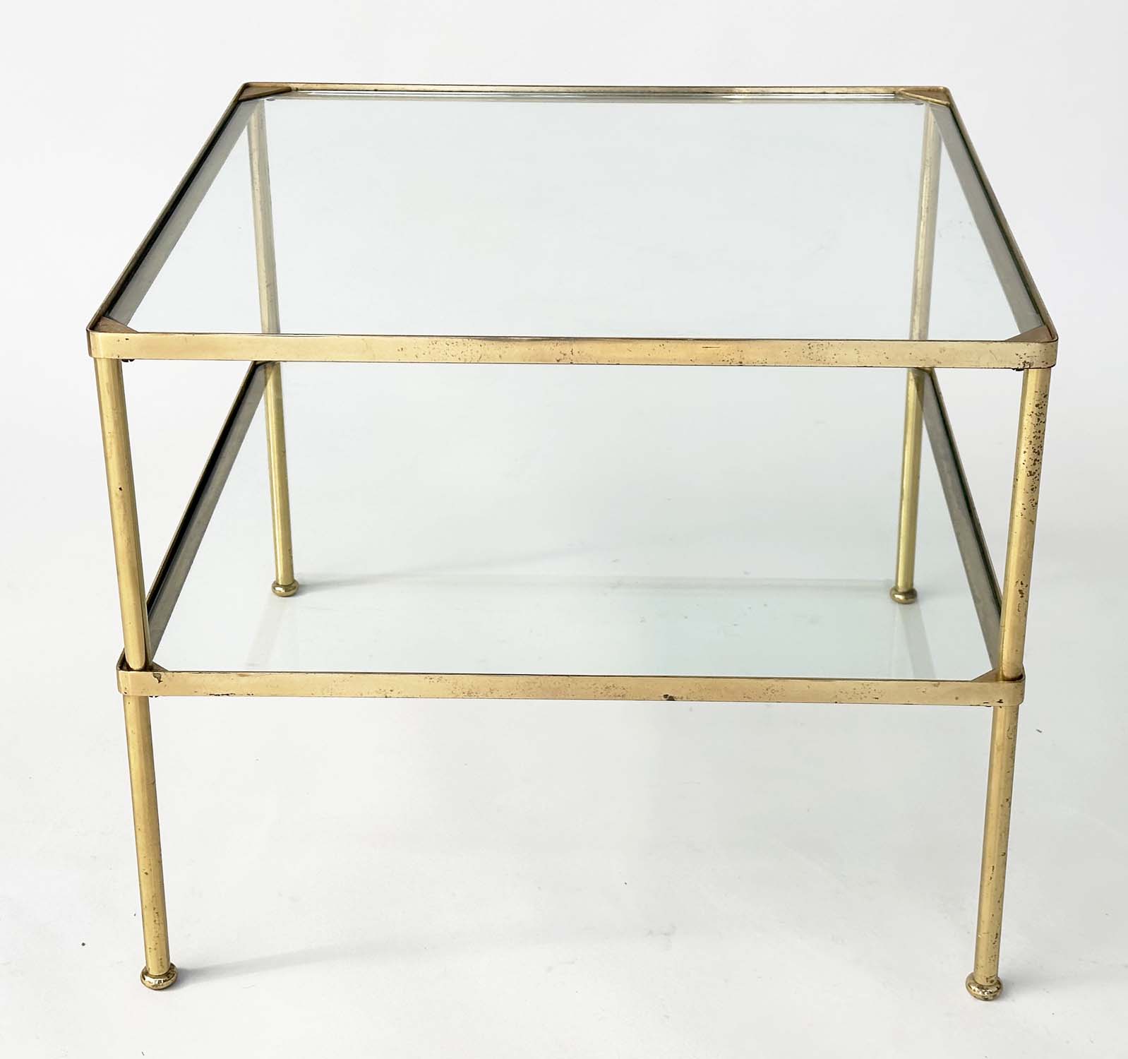 LAMP TABLES, a pair, 1970s, gilt metal, square with two glazed tiers and capped tubular supports, - Image 11 of 20