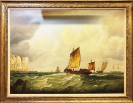 19TH CENTURY BRITISH SCHOOL, 'Trawlermen off Dover', oil on canvas, 74cm x 100cm, gilt framed.