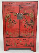 MARRIAGE CABINET, early 20th century Chinese scarlet lacquered and gilt Chinoiserie decorated with