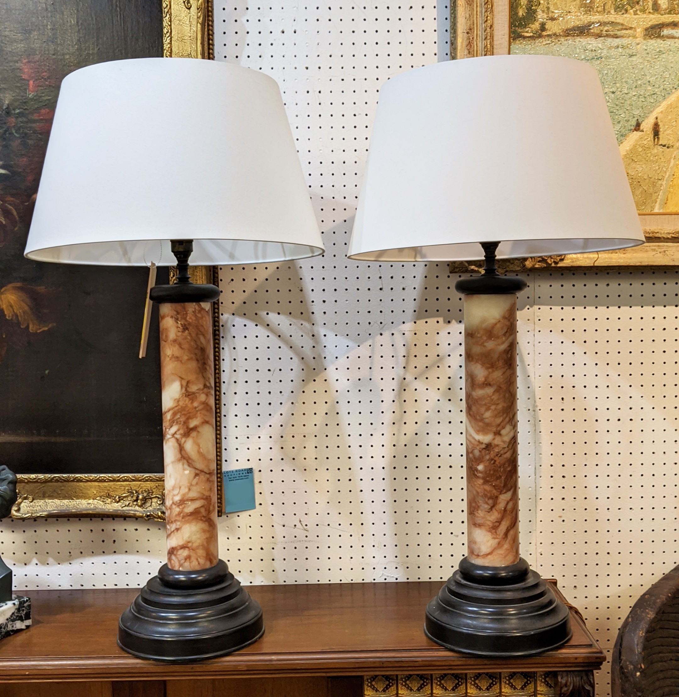 COLUMN LAMPS, a pair, circa 1920s, grand tour style alabaster column form with stepped bronze - Image 2 of 17