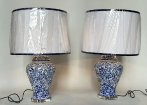 TABLE LAMPS, a pair large Chinese blue and white ceramic of lidded vase form with lucite bases and