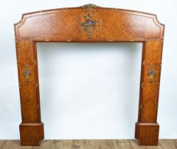 FIRE SURROUND, early 20th century satin wood, polychrome and gilt heightened ornately decorated with