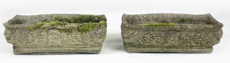 PLANTERS, a pair of canted oblong form model with Fleur de Lys, cherubs and centred by a mask. H