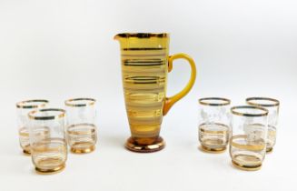 A MID 20TH CENTURY ITALIAN AMBER COLOURED WINE JUG, and six beakers, the beakers with grapevine