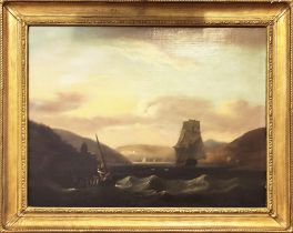 19TH CENTURY BRITISH SCHOOL, 'Ships in the Menai Strait', oil on canvas, 45cm x 57cm, gilt framed.