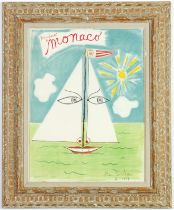 JEAN COCTEAU, Rare Monaco, signed and dated in the plate, lithograph in colours 1959, printed by