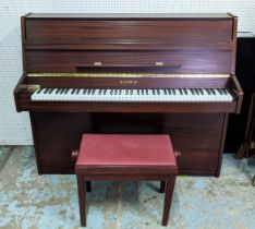 KEMBLE STUDIO UPRIGHT PIANO, mahogany effect adjustable stool, 110cm H x 130.5cm x 49cm.