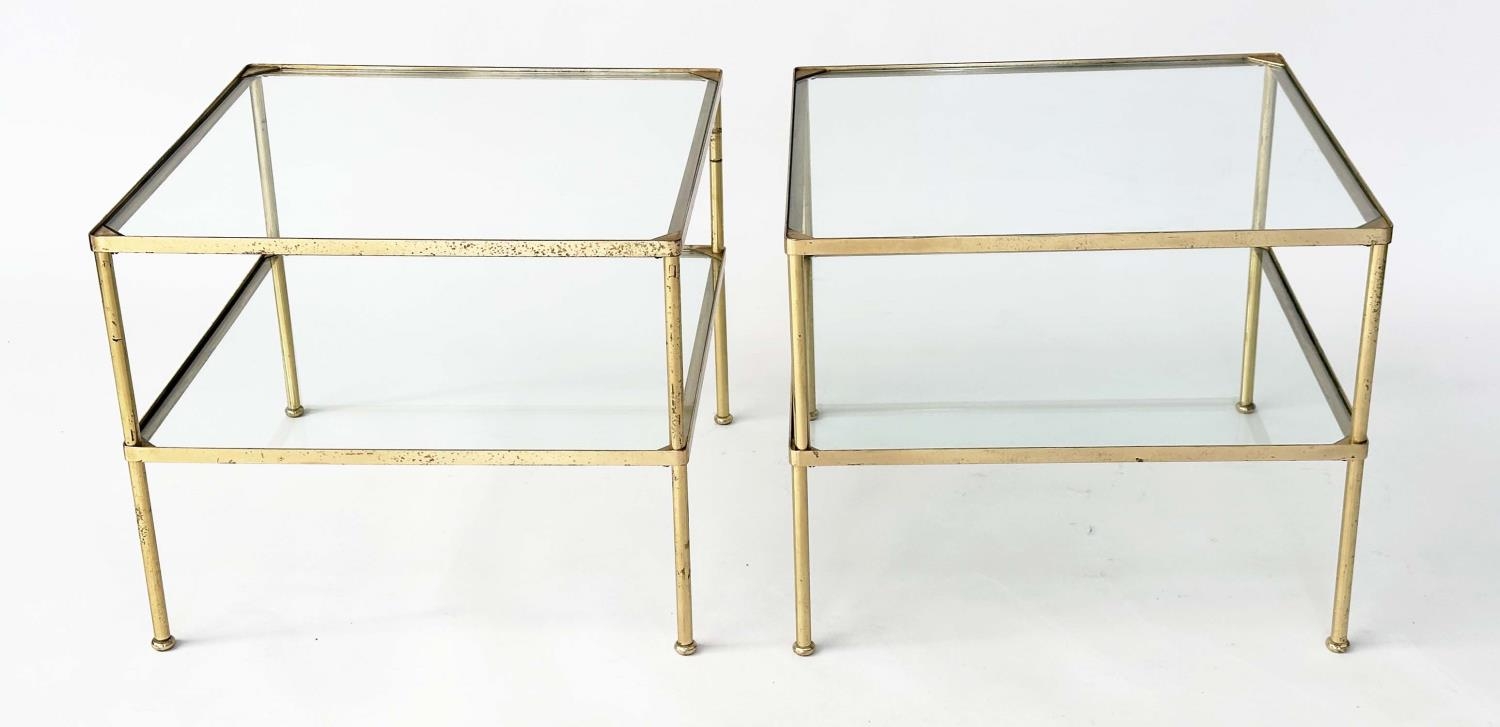 LAMP TABLES, a pair, 1970s, gilt metal, square with two glazed tiers and capped tubular supports, - Image 2 of 20