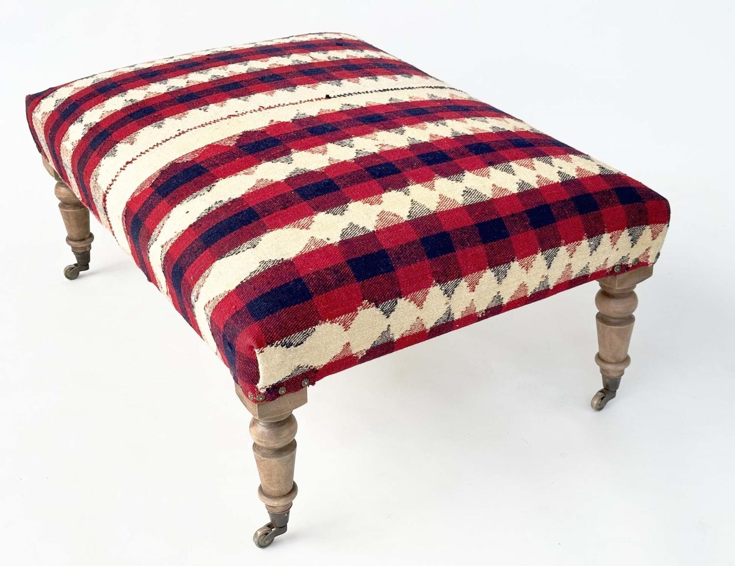 KELIM HEARTH STOOL, rectangular Jajim Kelim (South West Persia) upholstered on turned mahogany