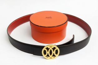 HERMÈS BELT WITH DOUBLE H BUCKLE, reversible, two tones leather, contrasting stitching on one