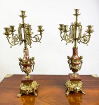 CANDELABRA, a pair, Italian 'brevettato', brass and marble with figural cherubs. (2)