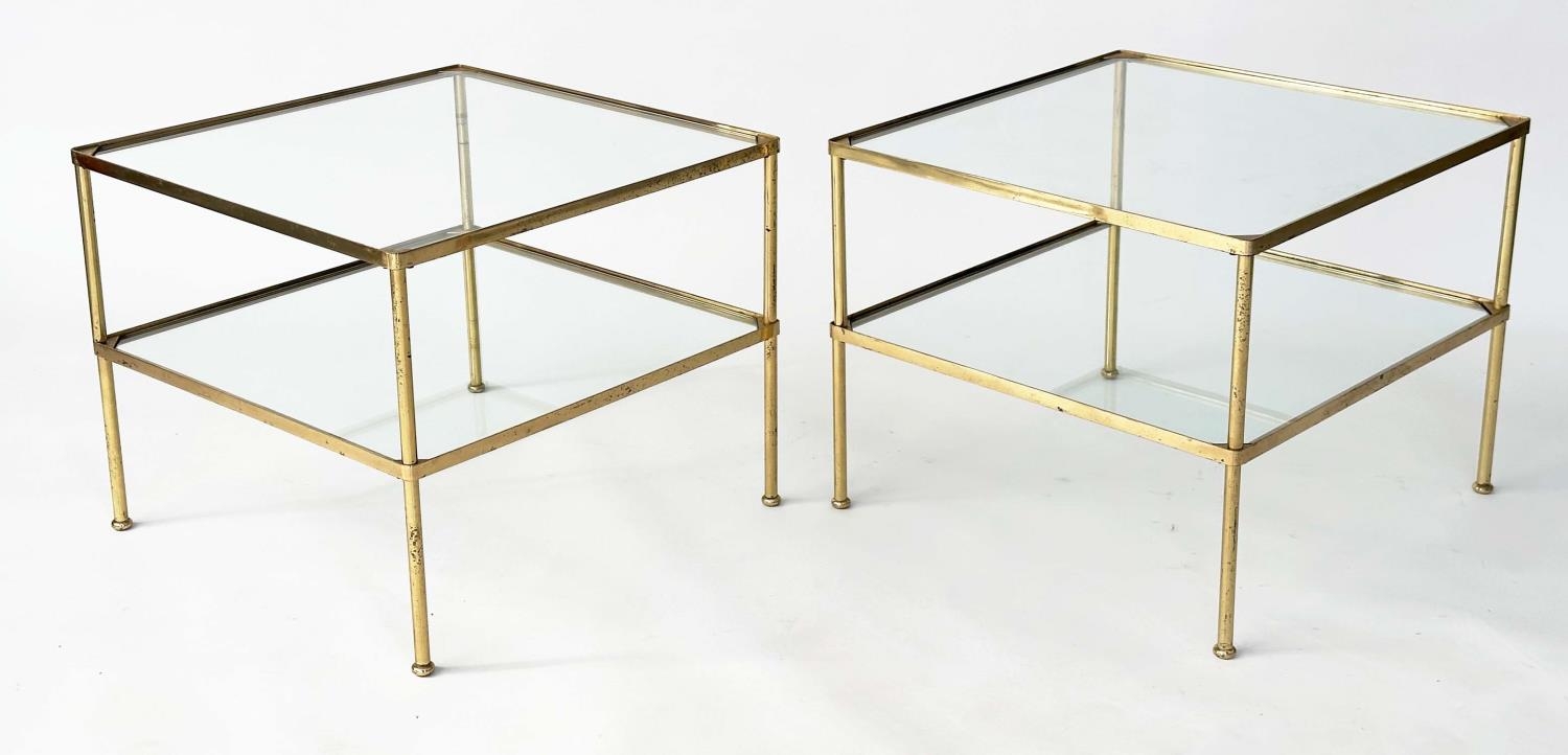 LAMP TABLES, a pair, 1970s, gilt metal, square with two glazed tiers and capped tubular supports, - Image 6 of 20